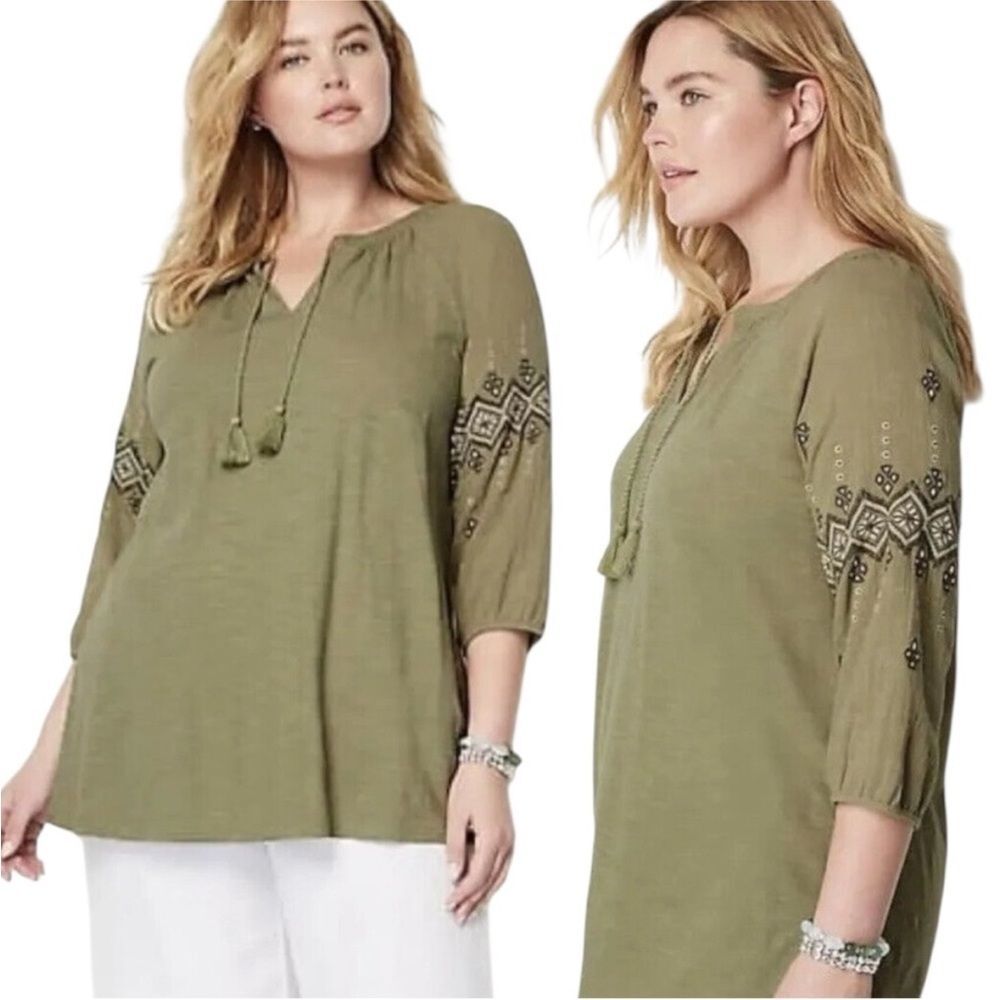 J. Jill Green Embroidered Boho Tunic Top Size XS